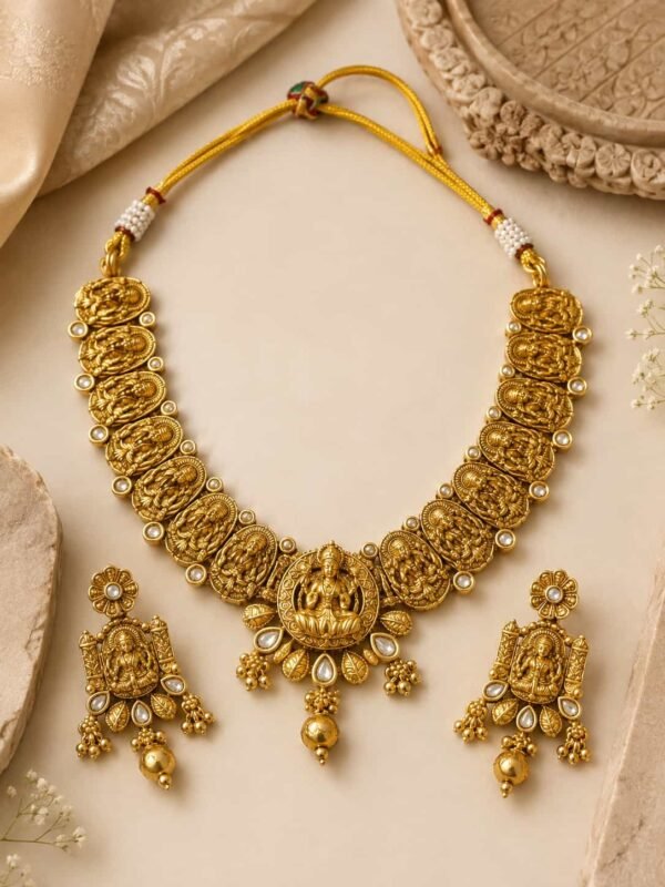 Aaradhya heritage temple necklace and earrings set in antique gold with white accents