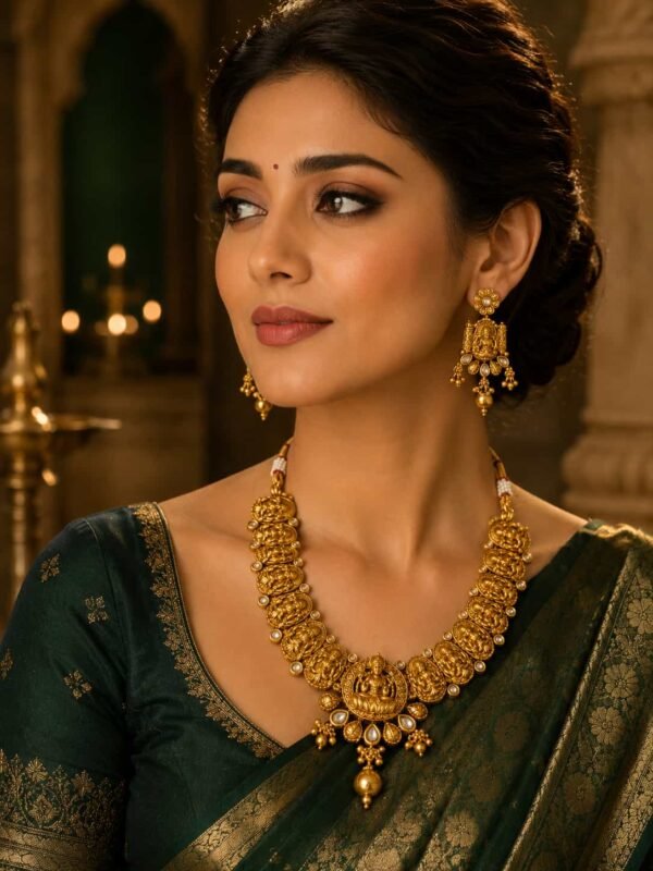 Woman styling Aaradhya antique gold temple jewellery set for a traditional wedding look