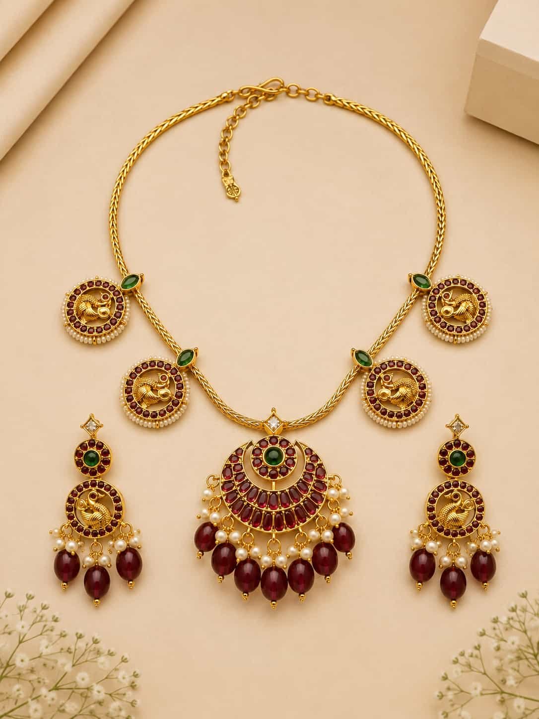 Full Mayurika peacock heritage necklace and earrings set with red, green and pearl-style accents