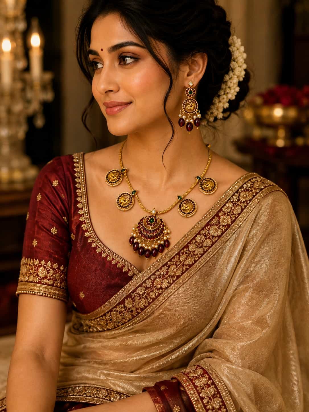 Woman styling Mayurika peacock jewellery set with maroon and gold saree for a wedding look