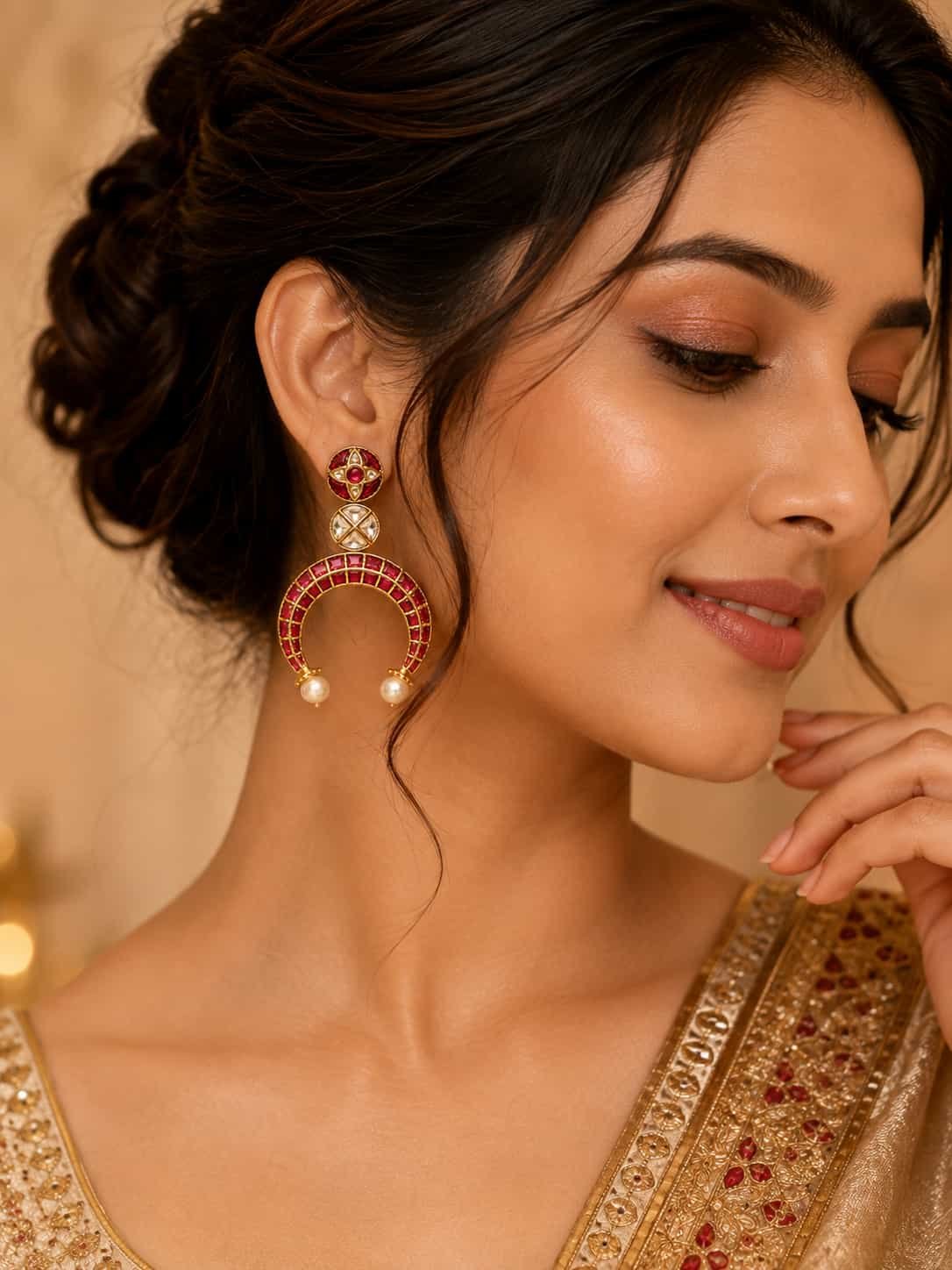 Woman wearing Ruhani Ruby Heritage Chandbali Earrings with ruby stones and pearl drops