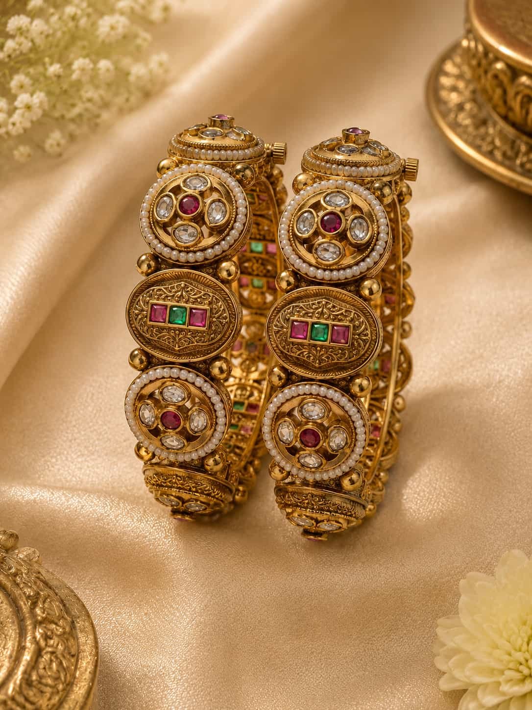 Front view of Rajsi Antique Kundan Bangles with white stones and ruby green accents