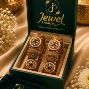 Rajsi Antique Heritage Kundan Bangles displayed in JewelPatakha jewellery box