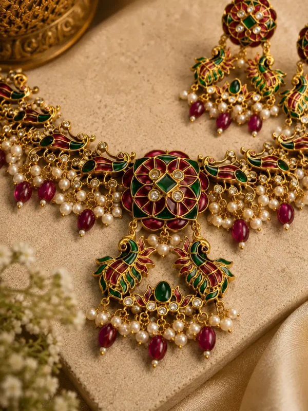 Red Pearl Peacock Necklace Set with green accents, pearl detailing and matching earrings