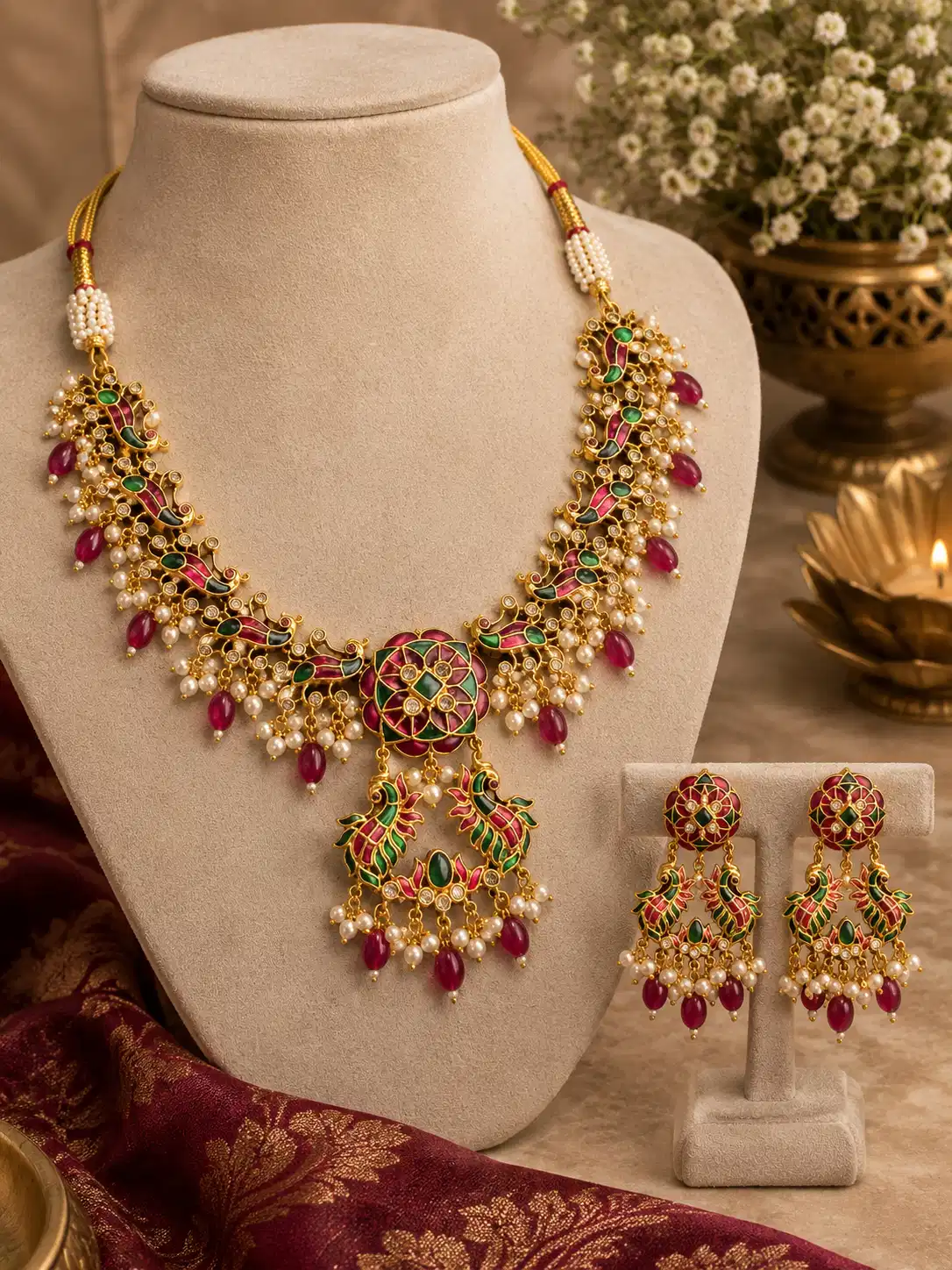 Red and green peacock necklace set displayed on jewellery bust with matching statement earrings