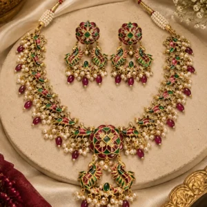 Red Pearl Peacock Necklace Set with green accents, pearl detailing and matching earrings