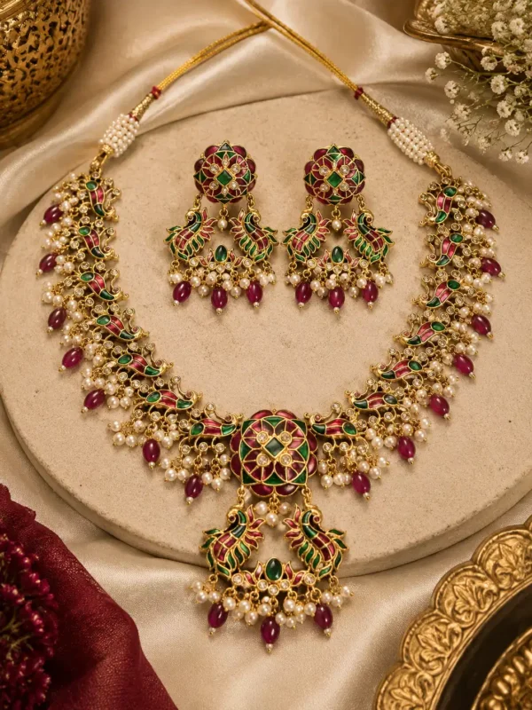 Red Pearl Peacock Necklace Set with green accents, pearl detailing and matching earrings