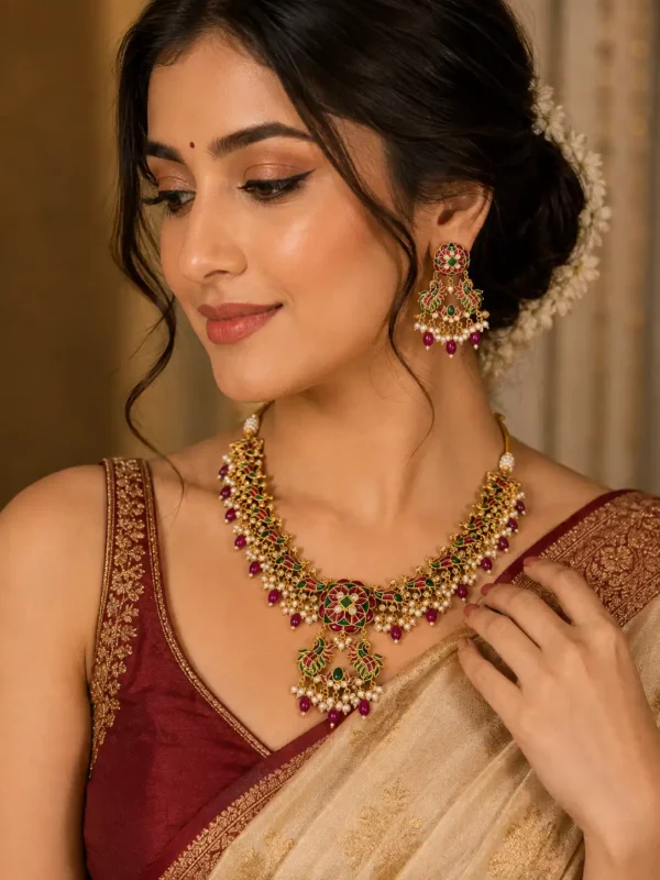 Woman wearing Red Pearl Peacock Necklace Set with matching earrings and traditional saree