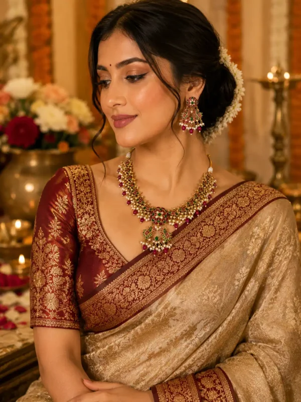 Woman wearing red green peacock necklace set with beige and maroon saree for wedding look