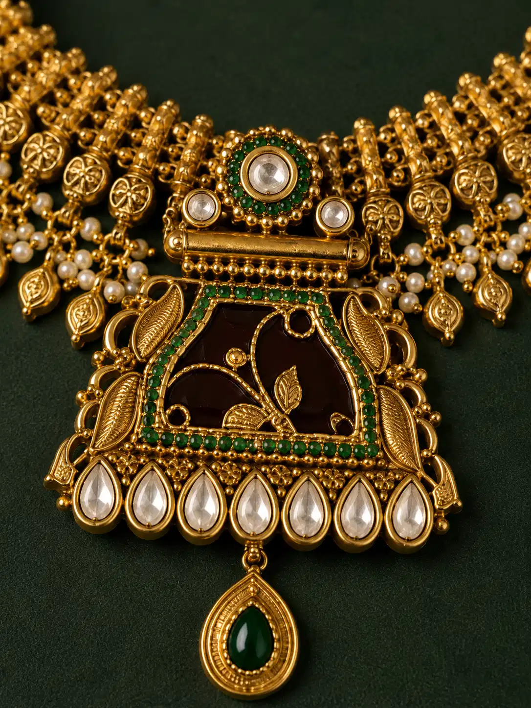 Close-up of Rajnandini Rajwada necklace pendant with green accents and white teardrop stones