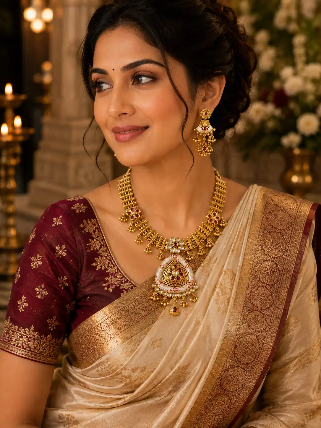 Woman wearing Rajshree Heritage Necklace Set with matching earrings and traditional saree
