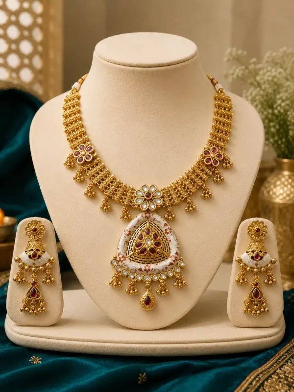 Rajshree Heritage Necklace Set with matching earrings displayed on ivory jewellery stand