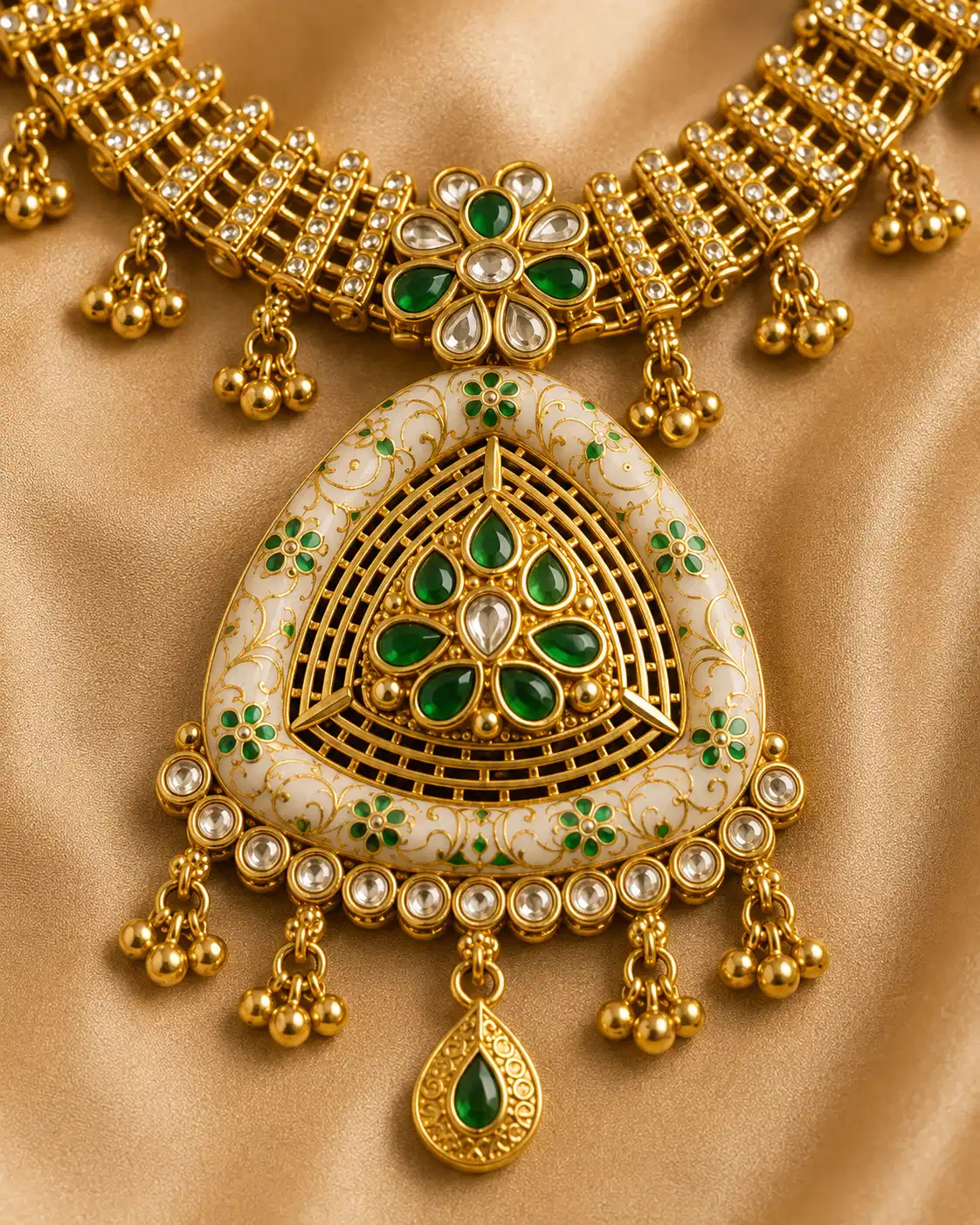 Close-up of green and white statement pendant on Rajshree Heritage gold-tone necklace
