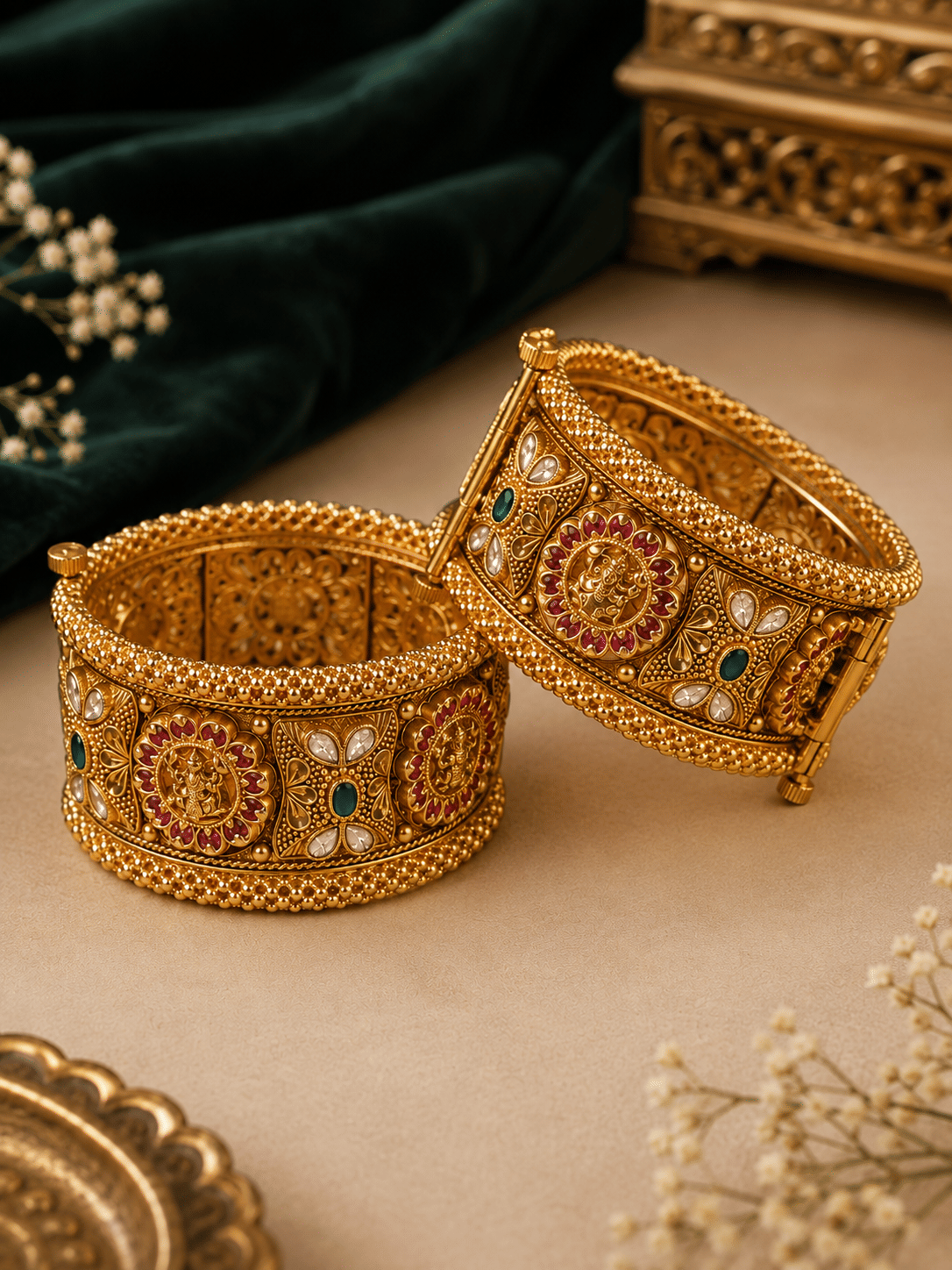 Pair of Antique Temple Heritage Bangles with deity motifs and multicolour stone accents