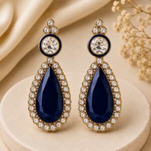 Rajneel navy blue teardrop statement earrings with clear stones and gold-tone detailing