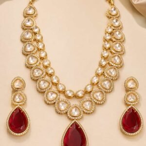 Rajeshwari Ruby Drop Heritage Necklace Set with white stones and matching earrings