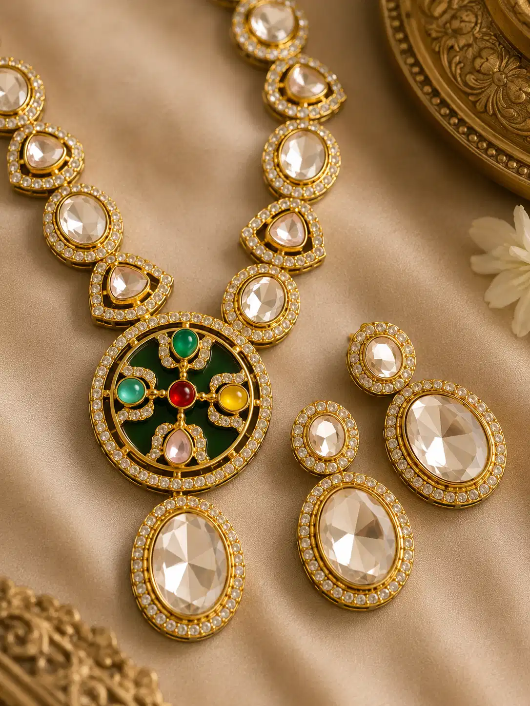 Close-up of Rajchakra Kundan Heritage Necklace Set with white stones and multicolour circular pendant