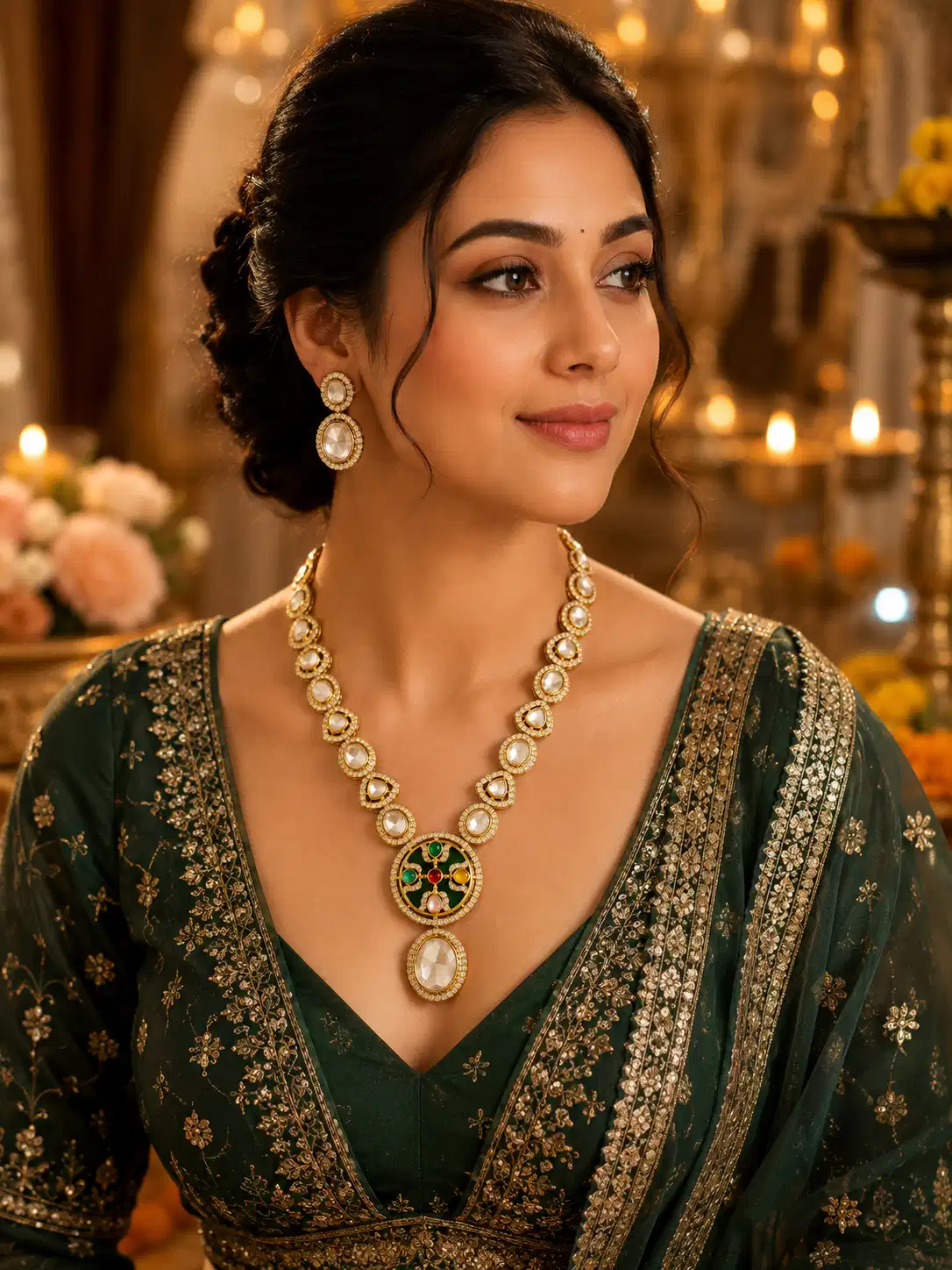 Woman wearing Rajnoor Kundan necklace set with an emerald green saree