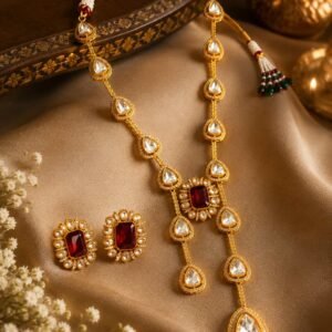Noorani Kundan Polki necklace and ruby earrings displayed on gold satin