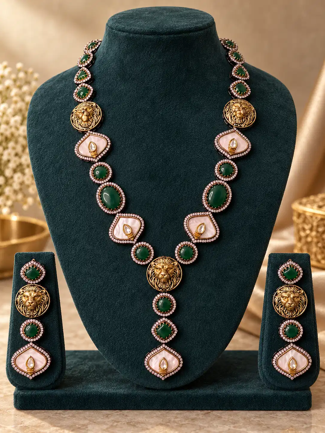 simharaj-green-ivory-lion-motif-necklace-set