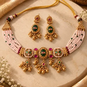 Haritnoor Green & Blush Beaded Choker Set