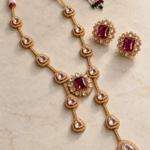 Rajmani Wine-Centre Twin-Drop Necklace & Stud Set