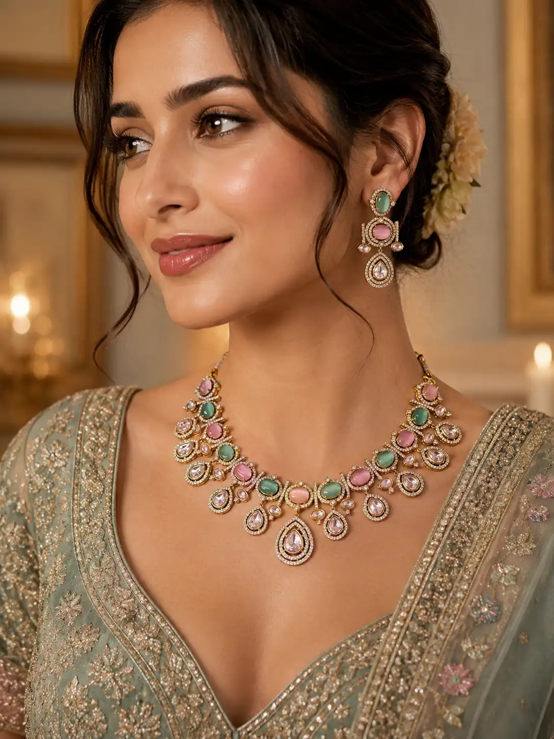 blush and sage teardrop necklace set for wedding and festive wear – Gulmeher Blush & Sage Teardrop Necklace Set, additional product view 6