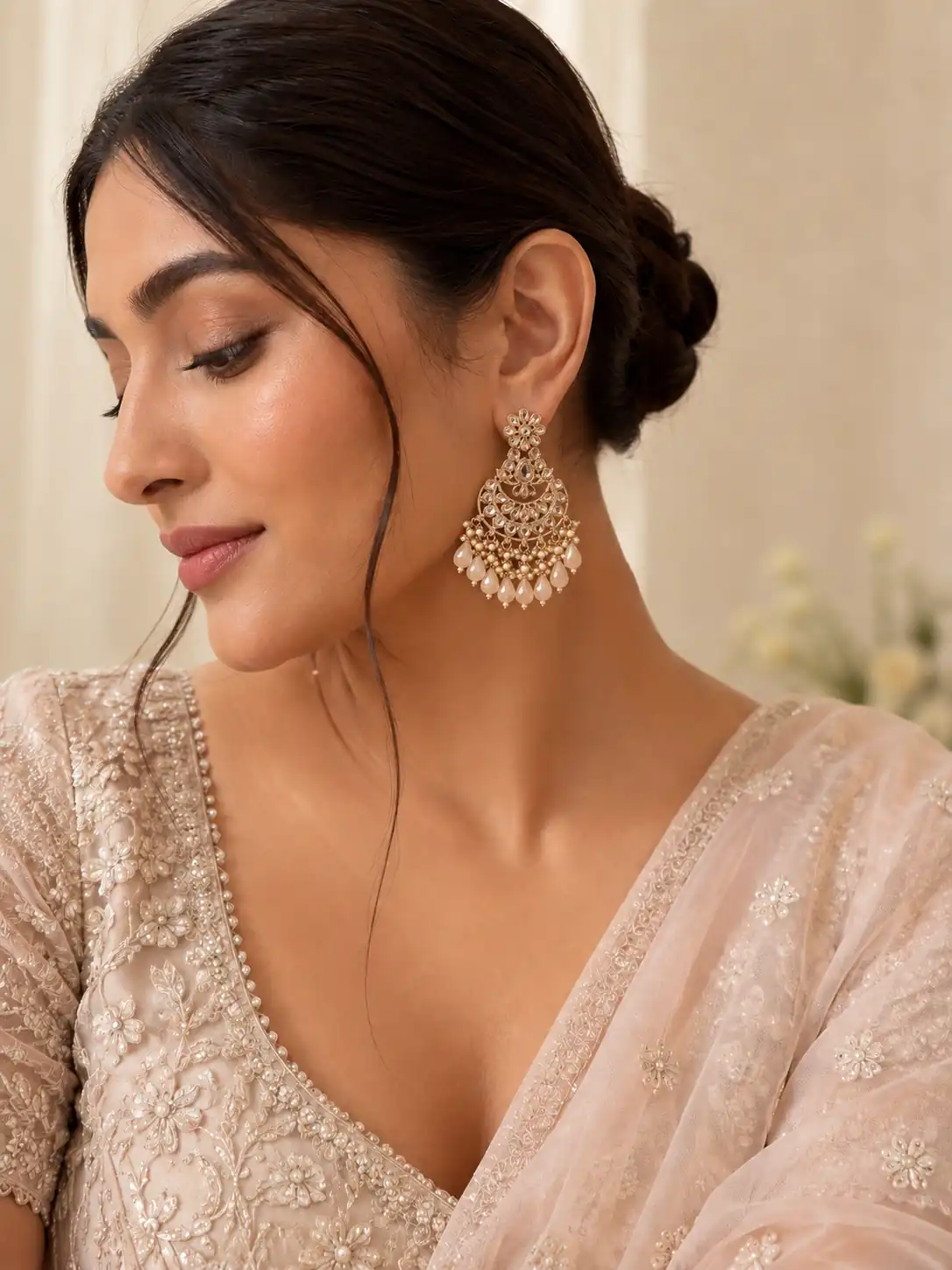 blush pink chandbali earrings for wedding and festive wear – Gulabi Noor Blush Chandbali Earrings, additional product view 6