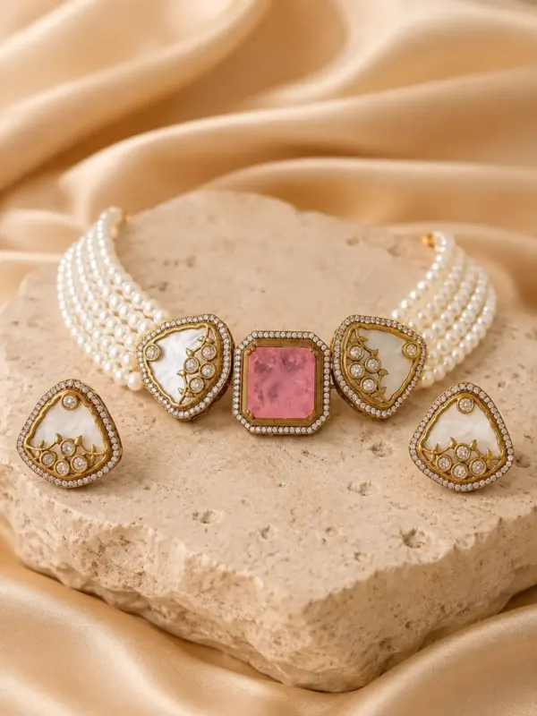 blush pink pearl style choker set – Mehernoor Blush Pink Pearl-Style Choker Set