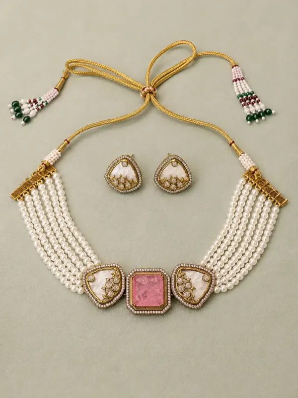 premium artificial necklace set for wedding wear – Mehernoor Blush Pink Pearl-Style Choker Set, additional product view 4