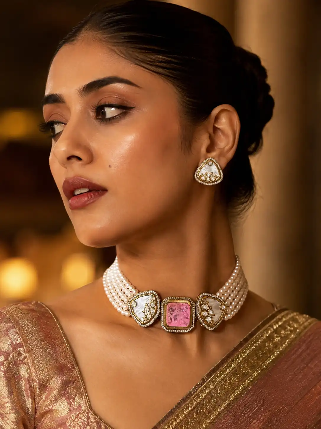 statement choker necklace set for women – Mehernoor Blush Pink Pearl-Style Choker Set, additional product view 8