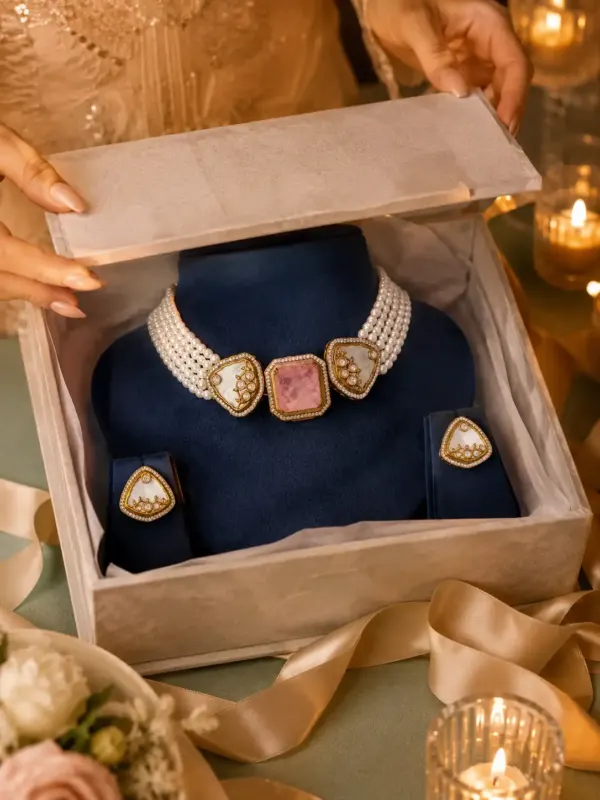 premium artificial necklace set for wedding wear – Mehernoor Blush Pink Pearl-Style Choker Set, additional product view 10