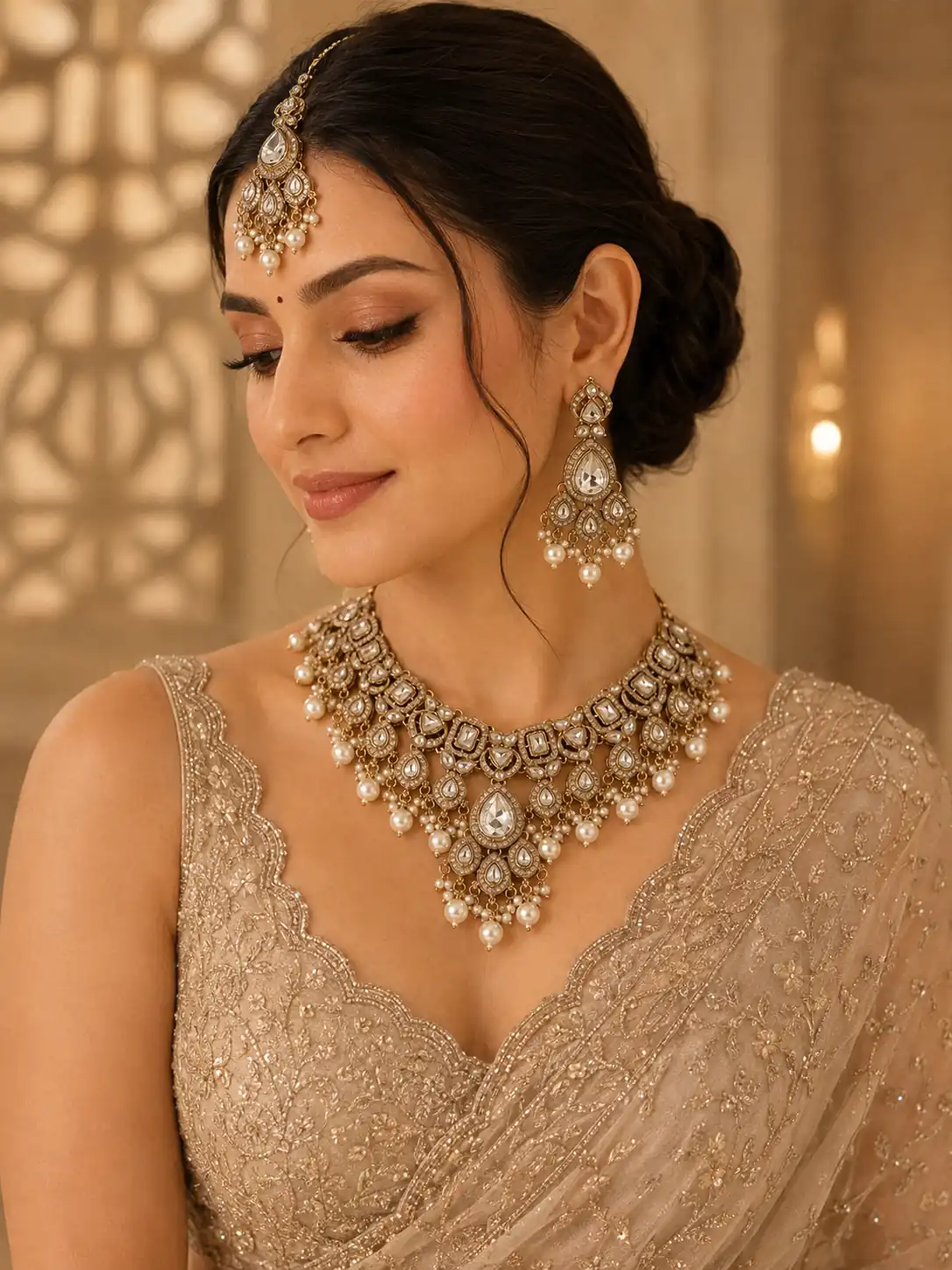 clear teardrop and pearl-style collar set for wedding and festive wear – Rajnoor Clear Teardrop & Pearl-Style Collar Set, additional product view 6
