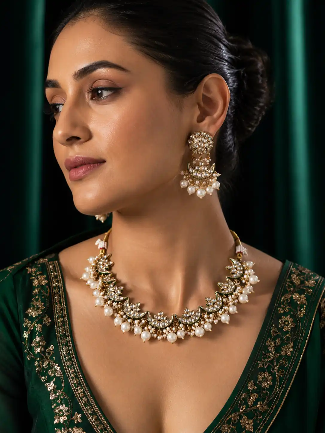 antique kundan necklace set for women – Chandrika Crescent & Pearl-Style Drop Necklace Set, additional product view 5