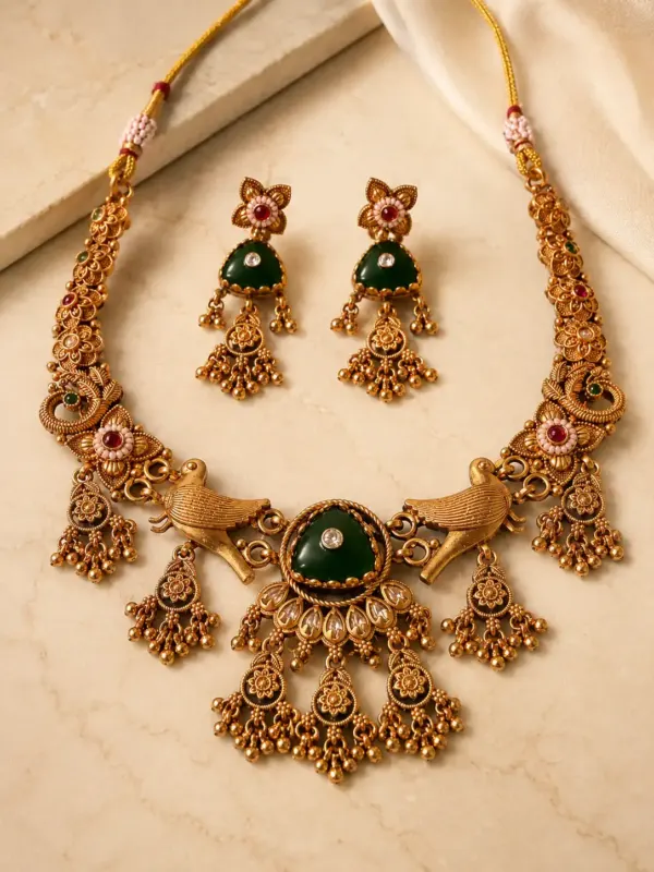 deep green bird motif necklace set – Rajmayur Deep Green Bird Motif Necklace Set