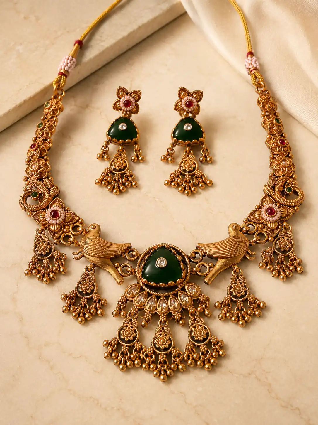 rajmayur-deep-green-bird-motif-necklace-set