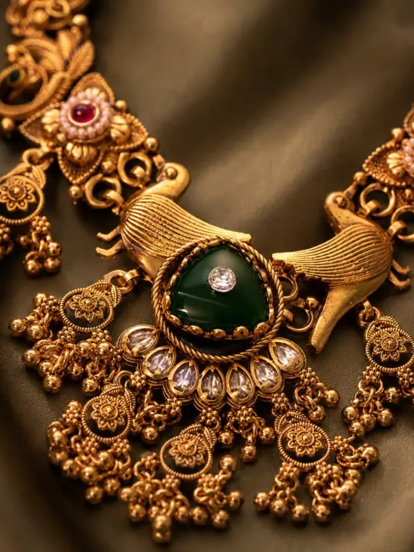 rajwadi necklace set for wedding wear – Rajmayur Deep Green Bird Motif Necklace Set, additional product view 2