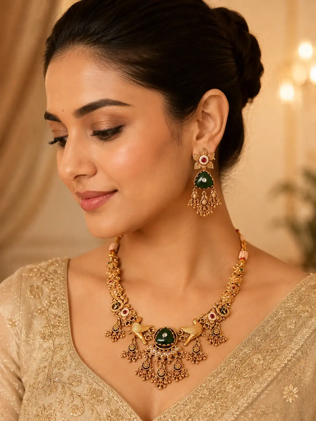 deep green bird motif necklace set for wedding and festive wear – Rajmayur Deep Green Bird Motif Necklace Set, additional product view 3