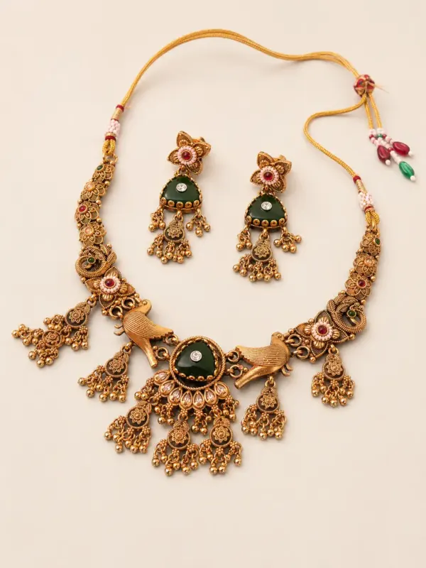 premium artificial necklace set for wedding wear – Rajmayur Deep Green Bird Motif Necklace Set, additional product view 4