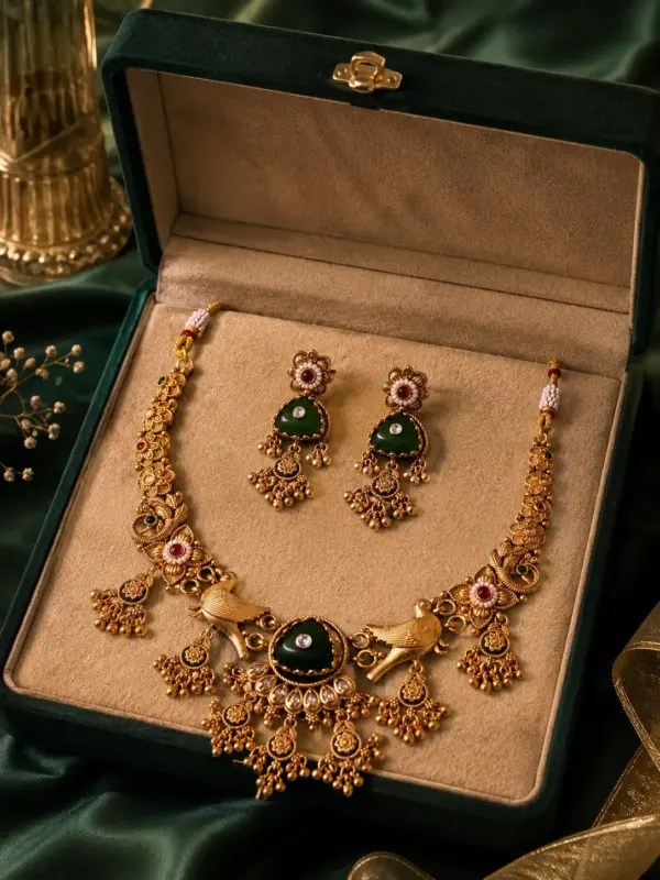 rajwadi necklace set for wedding wear – Rajmayur Deep Green Bird Motif Necklace Set, additional product view 8