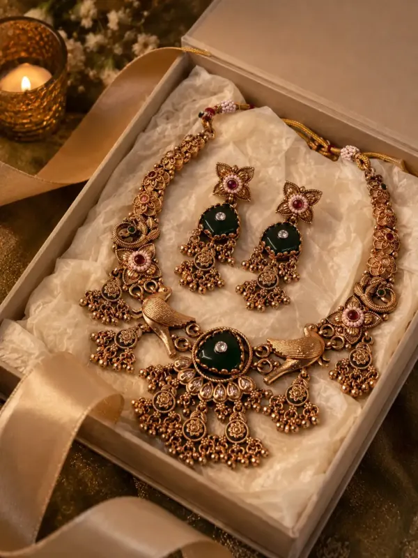 deep green bird motif necklace set for wedding and festive wear – Rajmayur Deep Green Bird Motif Necklace Set, additional product view 9
