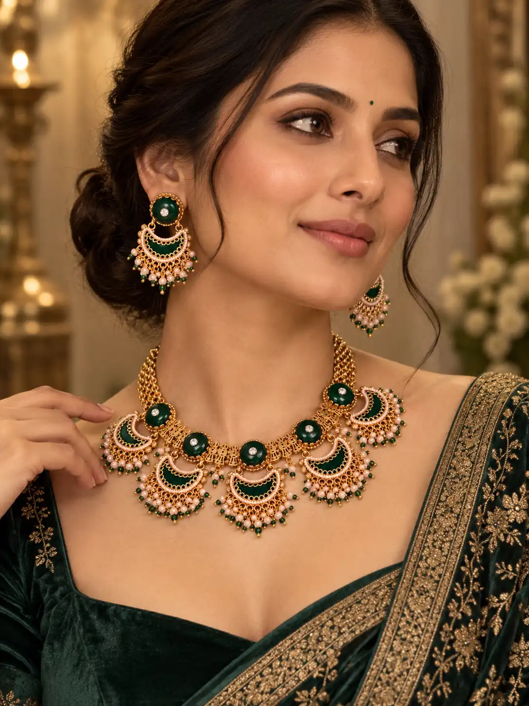 deep green crescent necklace set for wedding and festive wear – Rajchandrika Deep Green Crescent Necklace Set, additional product view 3