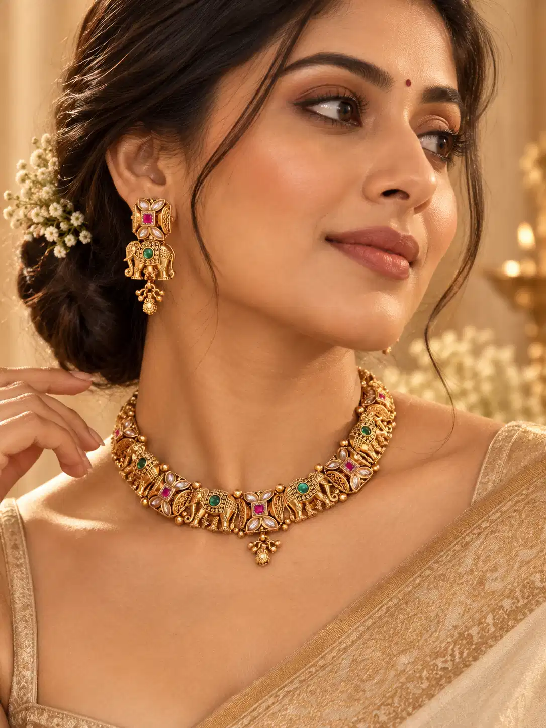 elephant and geometric floral necklace set for wedding and festive wear – Gajraj Elephant & Geometric Floral Necklace Set, additional product view 6