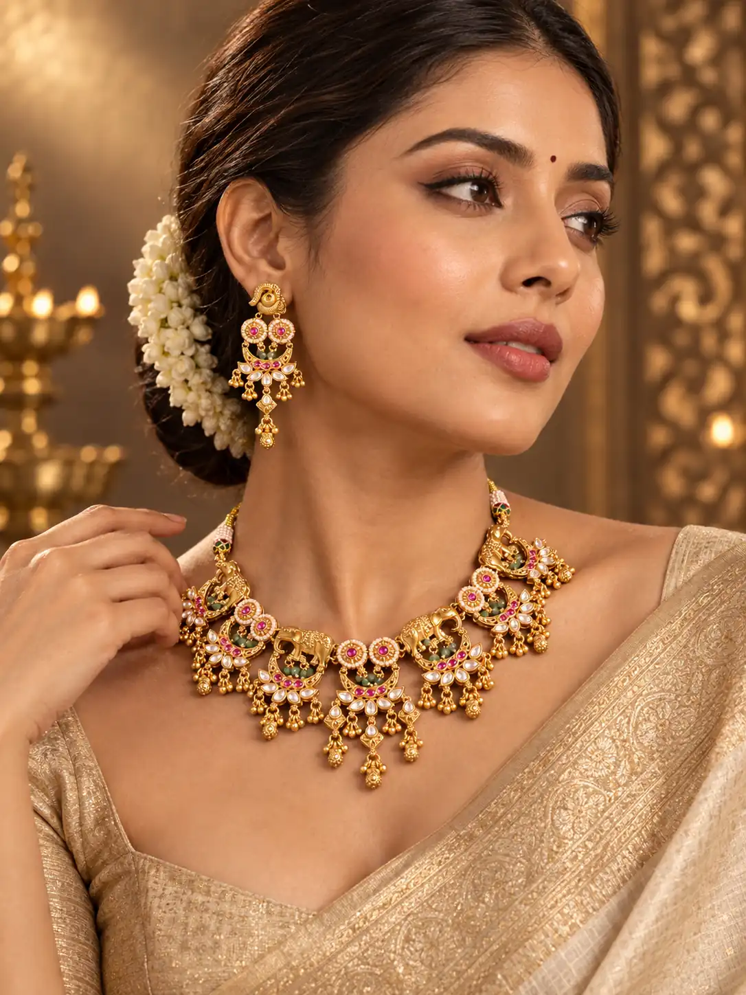 antique kundan necklace set for women – Gajshree Elephant & Pink Crescent Necklace Set, additional product view 8