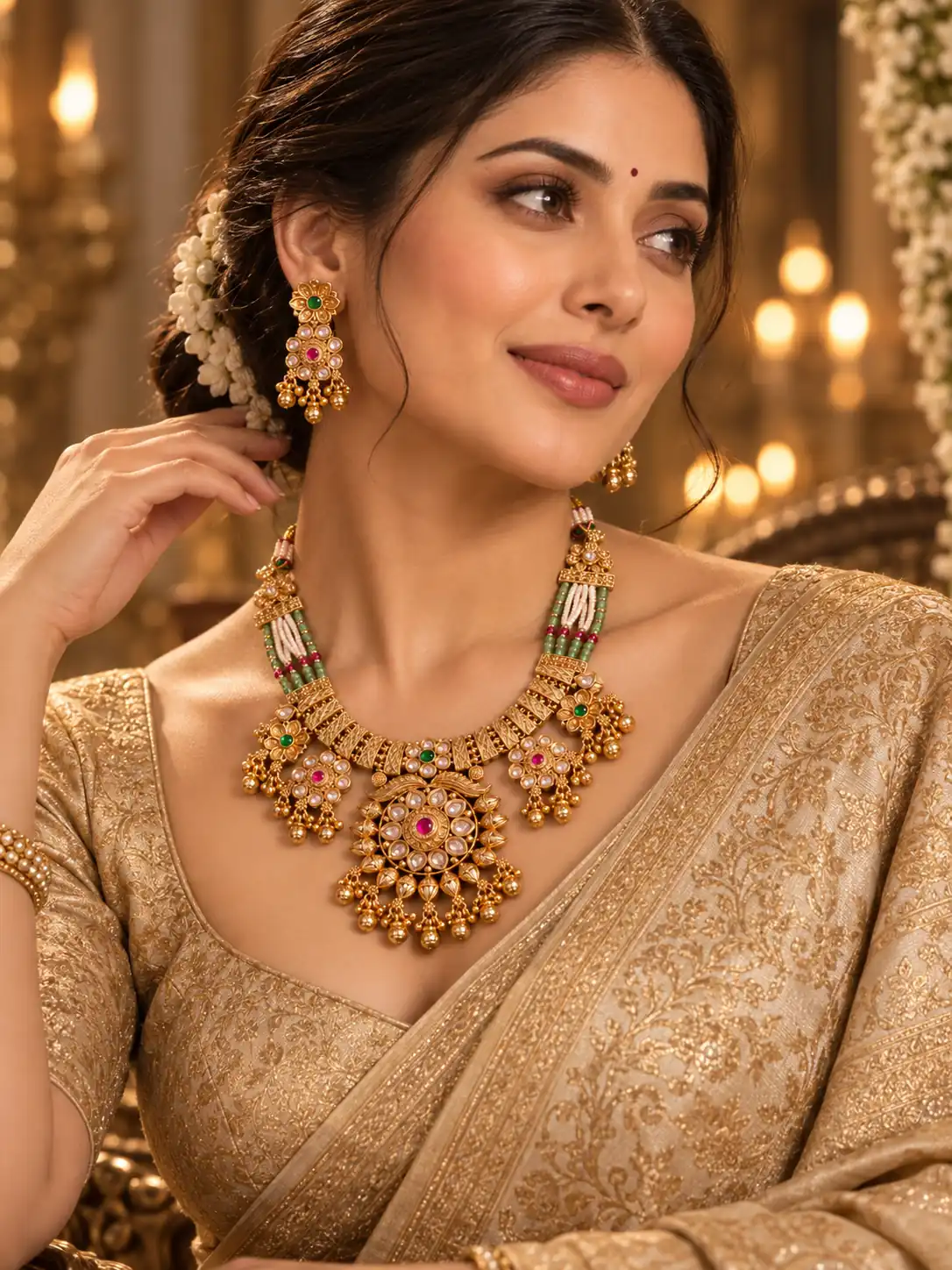 antique kundan necklace set for women – Kanakpadma Floral Sunburst Necklace Set, additional product view 8