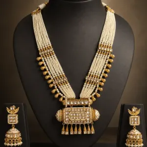 geometric pearl-style necklace and jhumka set – Rajmahal Geometric Pearl-Style Necklace & Jhumka Set