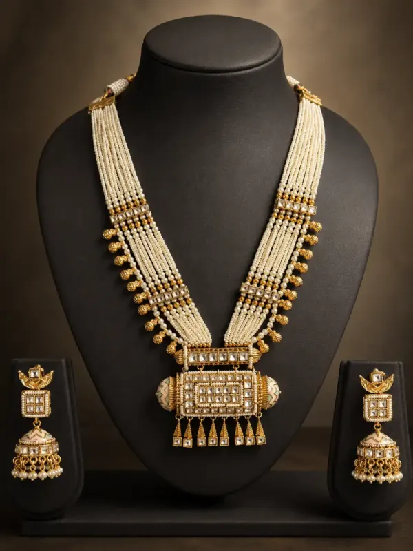 geometric pearl-style necklace and jhumka set – Rajmahal Geometric Pearl-Style Necklace & Jhumka Set