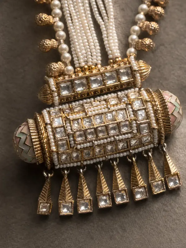 rani haar necklace set for wedding wear – Rajmahal Geometric Pearl-Style Necklace & Jhumka Set, additional product view 2