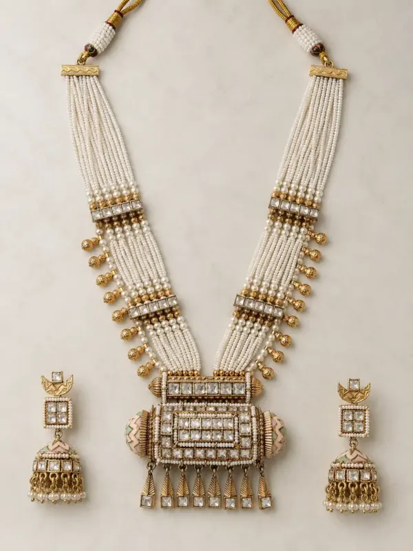 geometric pearl-style necklace and jhumka set for wedding and festive wear – Rajmahal Geometric Pearl-Style Necklace & Jhumka Set, additional…