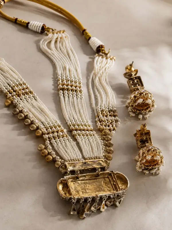 premium artificial necklace set for wedding wear – Rajmahal Geometric Pearl-Style Necklace & Jhumka Set, additional product view 4
